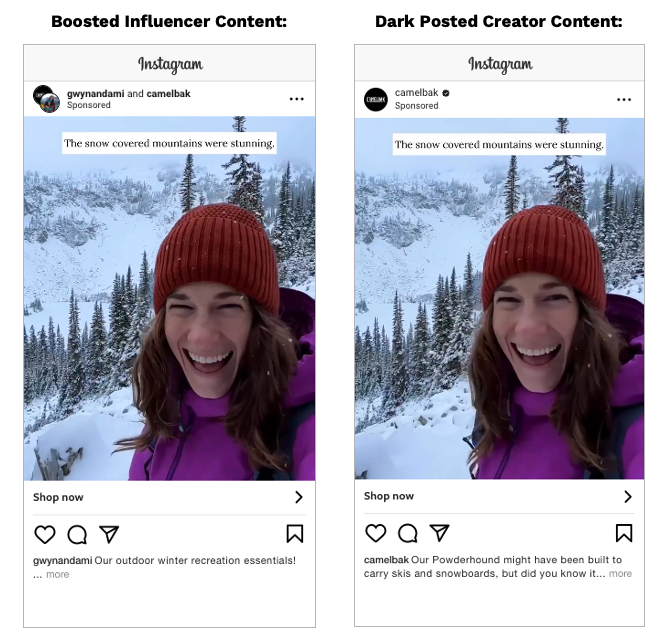 Boosted influencer content and dark posted creator content examples